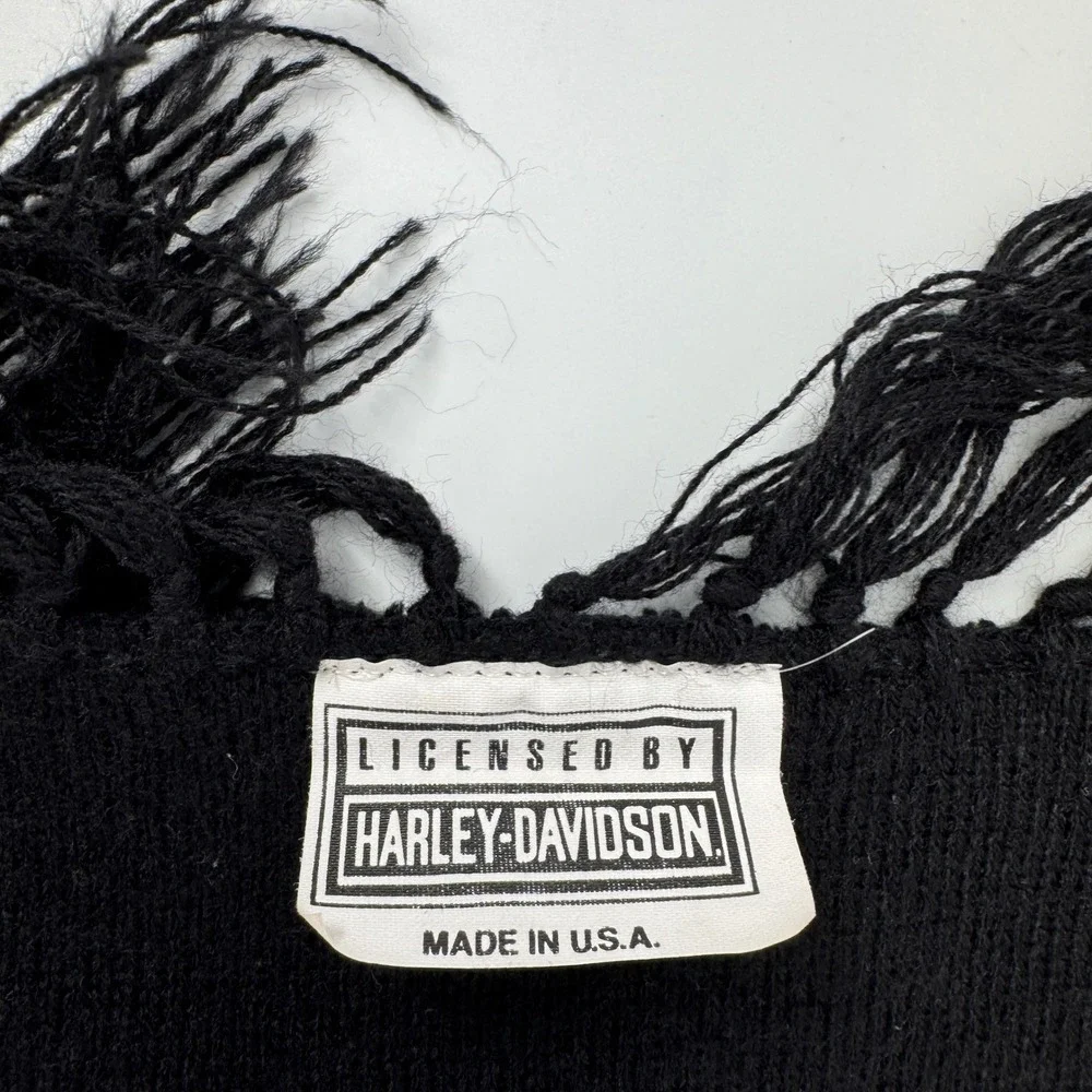 Vintage Harley Davidson Scarf Black Knit Embroidered Logo Fringe Made in USA